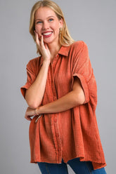 Umgee Full Size Cotton Gauze Mineral Wash Button Down Shirt Plus Size Orange-Red OutfitFlow